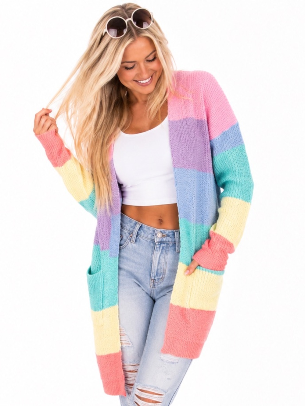 ZESICA XL Pastel Rainbow Colorblock Long Open Front Knit Cardigan Pockets - Picture 3 of 11